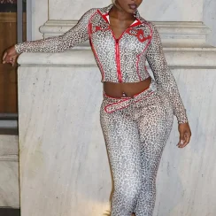 Kliou Leopard Patchwork 2 Piece Set Woman Letter Print Zip Full Sleeve Crop Jacket+Skinny Long Pants Hot Girls Sexy Fashion Suit