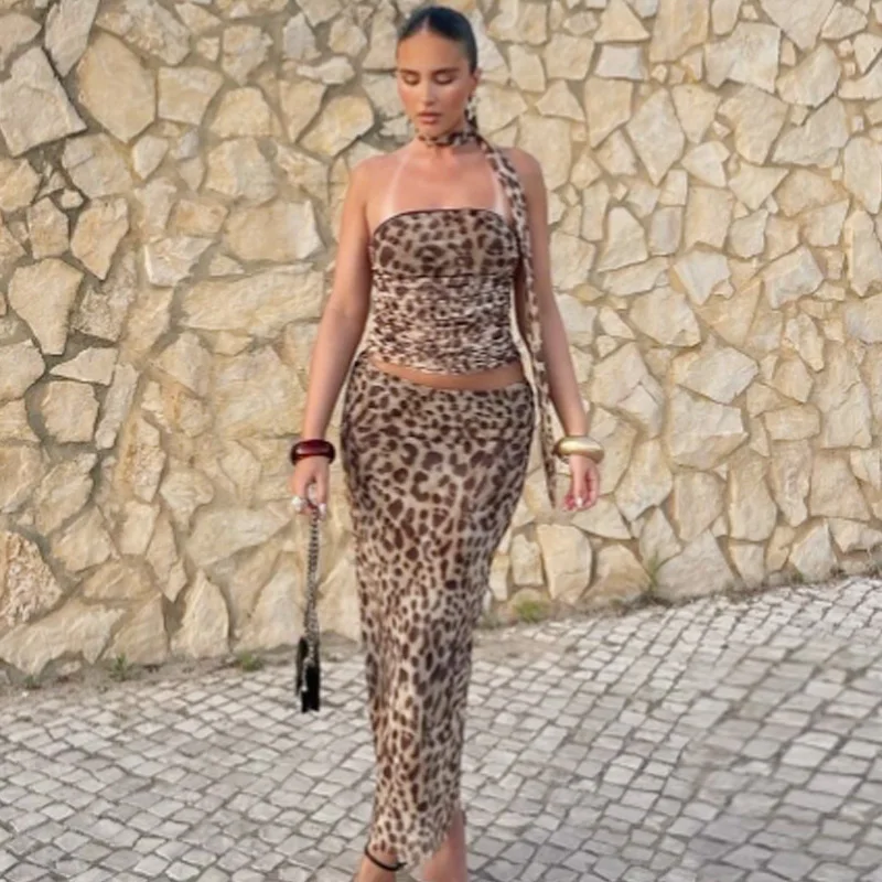 HXAO Leopard Mesh Skirt Set Women's Two Pieces Set Crop Ruffle Halter Tube Top Vest Set 2 Piece Woman Midi Tulle Skirt Suit 066 - Image 5