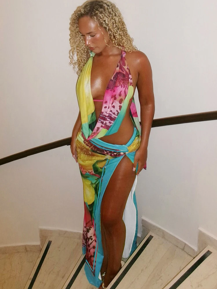 Weird Puss Colorful Leopard Women 2 Piece Set Y2K Beach Vacation Halter Tank Tops+Wrapped Maxi Skirts Matching Vacation Clubwear - Image 5