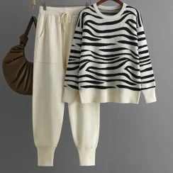 New Autumn Winter Leopard Print Knitted Women's Pants Sets Fashionable Casual Elegant Pullover Two Piece Sets Womens Outifits