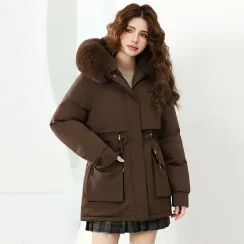 Cotton Padded Hooded Detachable Fur Collar Coat Women's Winter Thickened Fleece Lined Snow Parka Loose Warmer Long Jacket Female