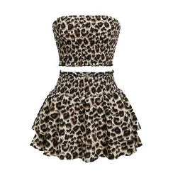 Summer Sexy Women's 2 Piece Suits Outfits Tube Tops Crop Top Leopard Print Y2k Mini Skirt Vest Tees Women Clothes Set Streetwear