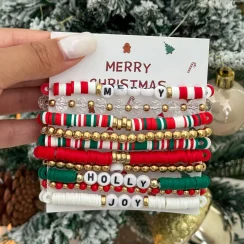 Lacteo 10Pcs/Set 2026 New Creative Christmas Elastic Bracelet Women Trend Exquisite Red Green Bead Bracelet Couple Charm Jewelry