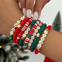 IngeSight.Z 8 Pcs Y2K Christmas Series Polymer Clay Bead Adjustable Bangles Women New Year Elastic Stackable Bracelets Jewelry