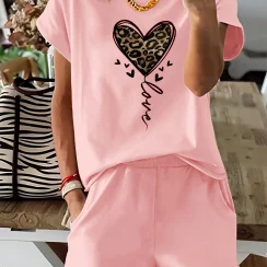 Summer women's fashionable leopard print heart-shaped print casual loose round neck short sleeved T-shirt shorts two-piece set