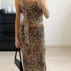 Women's tulle leopard print top shoulder straight neck and leopard print straight skirt summer casual girls two-piece set