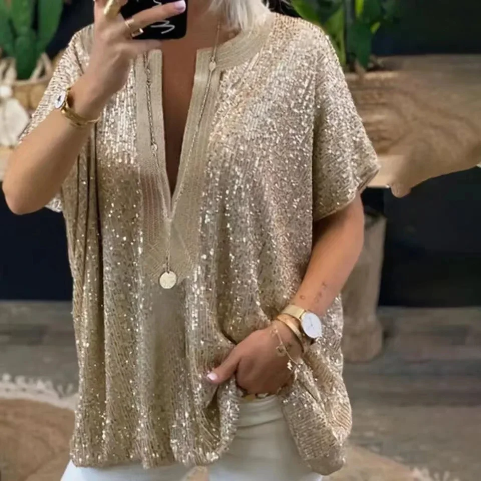 Women Short Sleeve Sequins T Shirt Summer Top Femme Tees Ladies Shirts Clothes Sexy V Neck Blouse Loose Casual Silver Gold Color - Image 6
