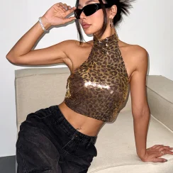 Women Leopard Print Metal Sequins Tank Top Sexy Backless Halter Neck Fashion Crop Top Music Festival Nightclub Camisole New