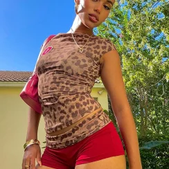 Weird Puss Leopard Print Women 2 Piece Set Tracksuit Sexy Shorts Sleeve Crop Tops+Shorts Stretch Matching Clubwear Slim Outfits