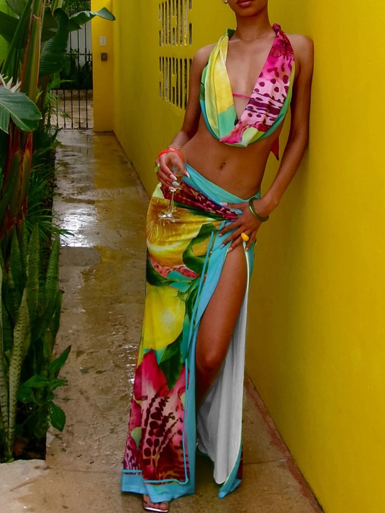 Weird Puss Colorful Leopard Women 2 Piece Set Y2K Beach Vacation Halter Tank Tops+Wrapped Maxi Skirts Matching Vacation Clubwear - Image 3