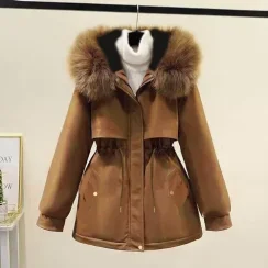 Plus Size Plus Size Mid-Length Parka Cotton Jacket with Drawstring Waist And Fur Collar Thick Winter Coat for Women Full Sleeve
