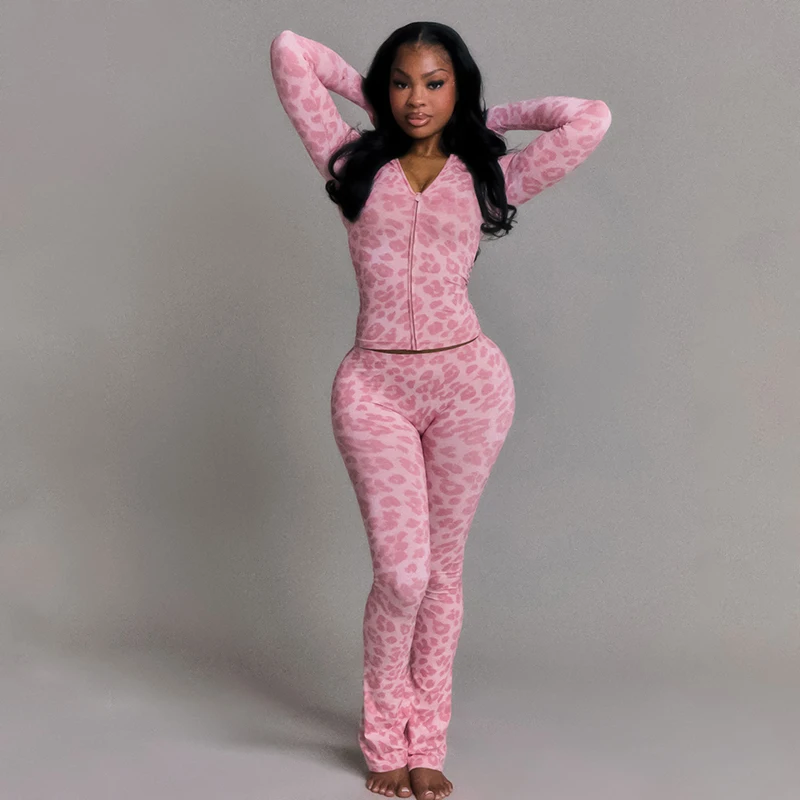 CUTENOVA Fall Women'S New Arrival Fashion Hooded Zipper Leopard Print Long-Sleeve Top & Athletic Slim-Fit Pants Casual Set - Image 3