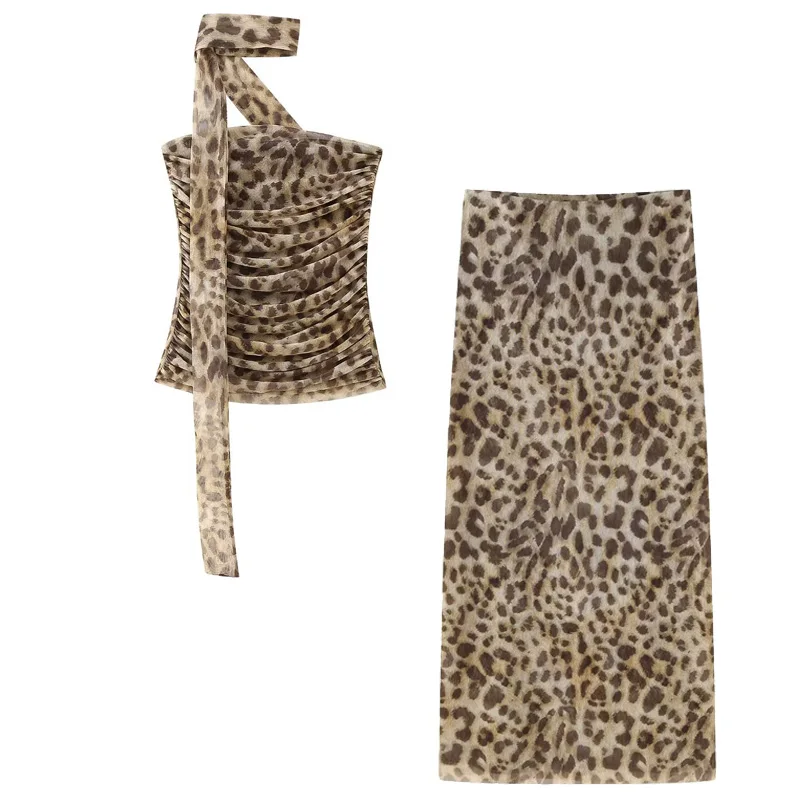 HXAO Leopard Mesh Skirt Set Women's Two Pieces Set Crop Ruffle Halter Tube Top Vest Set 2 Piece Woman Midi Tulle Skirt Suit 066 - Image 2