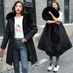 Winter Parka 2024 New Women Jacket Clothes Long Coat Wool Liner Hooded Jacket Fur Collar Thick Warm Snow Wear Fashion Parka