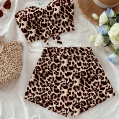 Summer European and American vacation style leopard print strapless shorts set, spicy girl two-piece set, female