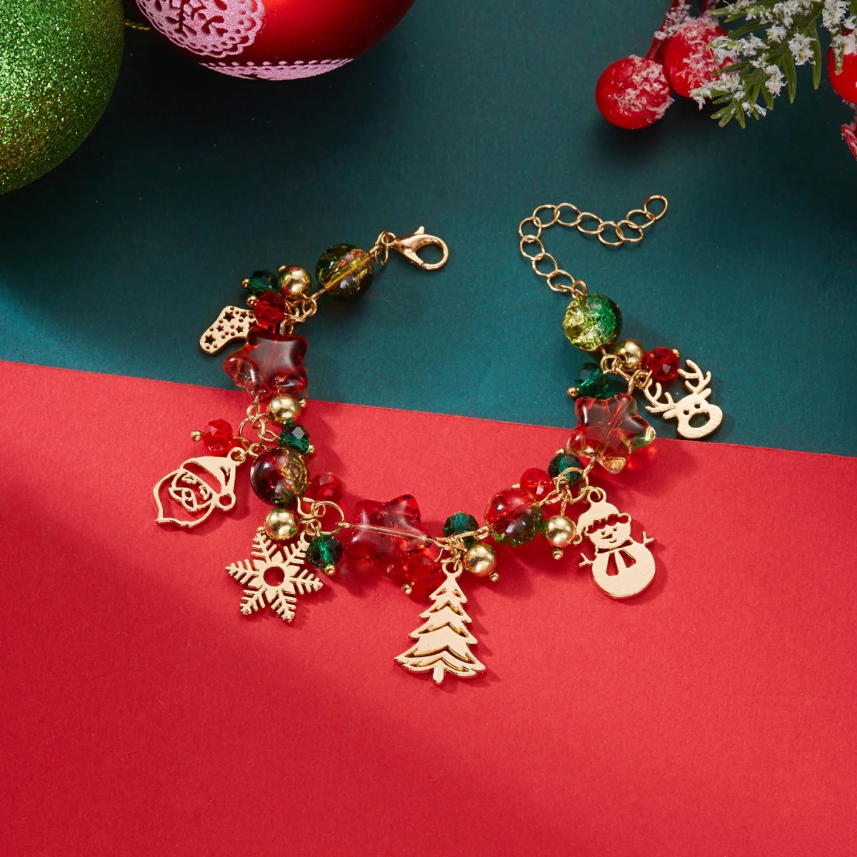 Christmas Snowflake Tree Santa Claus Snowman Reindeer Bell Resin Star Crystal Beads Bracelet For Women Men New Year Holiday Gift - Image 2