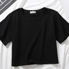 Summer Short Sleeve T Shirts Women Cotton Solid T-shirt O Neck High Waist Crop Top Tee Female Casual Loose T Shirt