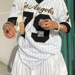 Women's Los AngelesLetter Print V-Neck Short Sleeve T-Shirt Summer Graphic Tee Baseball Jerseys Oversized Sport T-Shirt