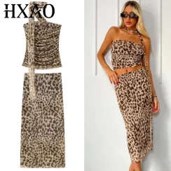 HXAO Leopard Mesh Skirt Set Women's Two Pieces Set Crop Ruffle Halter Tube Top Vest Set 2 Piece Woman Midi Tulle Skirt Suit 066