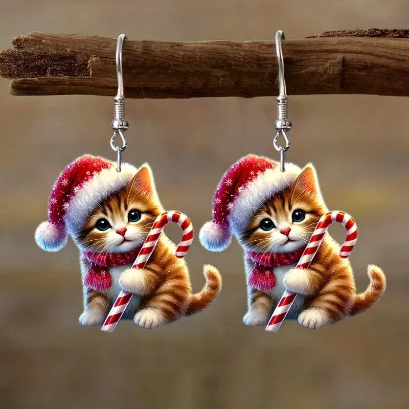 2D acrylic kitten earrings wearing a Christmas hat, especially suitable for Christmas and the perfect gift for cat lovers - Image 2