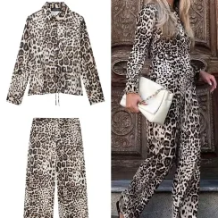HH Women Vintage Leopard Print Blouse Pant Sets Lace Up Long Sleeve Shirt High Waist Trousers New Fashion High Street Outfit