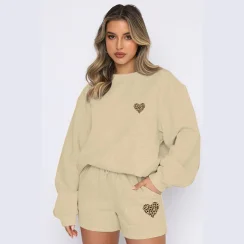 Spring And Autumn Simple Leopard Print Heart Suit Women's Long-Sleeved Round-Neck Loose Casual Drawstring Shorts Two-Piece Set