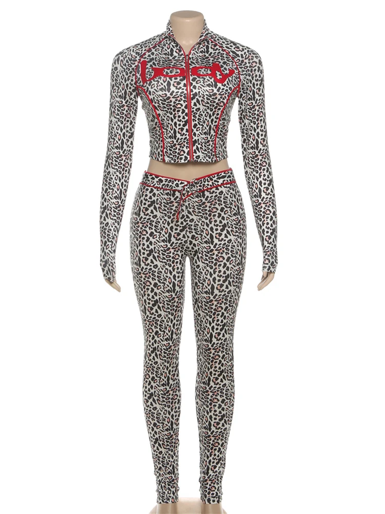 Sisterlinda Leopard Letter Tracksuit Women 2 Piece Set Zip Crop Jacket+Metal Sash Leggings Sporty Matching Stretch Streetwear - Image 6