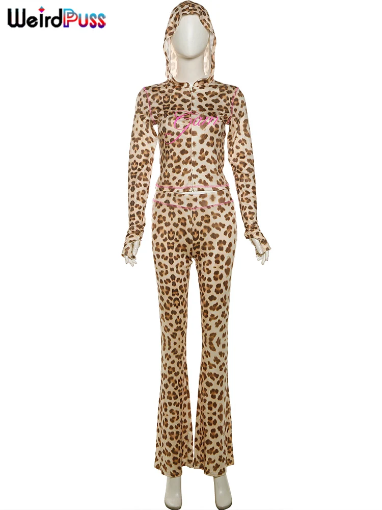 Weird Puss Leopard Contrast Letter Print 2 Piece Set Women Hooded Full Sleeve Crop Jacket+Skinny Stretch Flare Pants Trend Suits - Image 6