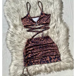 Leopard Print Sleeveless Hot Slip Dress Crop Tops Skirts 2 Piece Matching Set Summer Fashion Streetwear Sexy Slim Clothing 2025