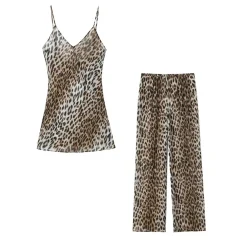Summer New Women's Fashion V-neck Sleeveless Strap Top Leopard Pattern Animal Print Pants Casual Set