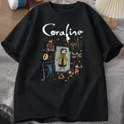 Coraline Halloween T Shirt Women Men Spooky Vintage T-shirt Harajuku Fall Short Sleeve Tshirt Women's Clothing Graphic T Shirts