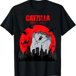 Funny Cute Art Japanese Cat Graphic for Cat Lover Catzilla T-Shirt Graphic T Shirts Women's Clothing Fashion