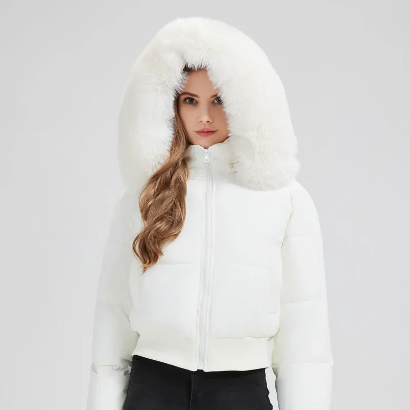 Korean Style Down Cotton Coat 2025 Thicken Short Women's Winter Jacket Casual Warm Fur Hooded Cropped Parkas Chic Streetwear