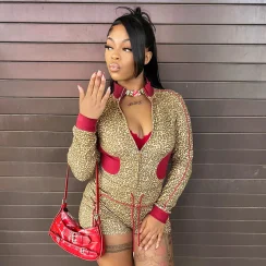 CUTENOVA Women Color-Blocked Leopard Print Set With Stand-Up Collar Zipper Long-Sleeved Top + High-Waisted Drawstring Short Sets