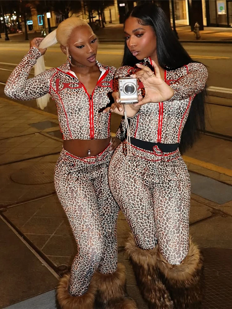 Sisterlinda Leopard Letter Tracksuit Women 2 Piece Set Zip Crop Jacket+Metal Sash Leggings Sporty Matching Stretch Streetwear - Image 2