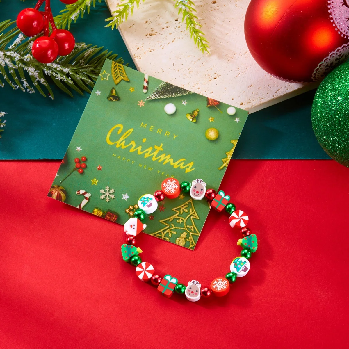 Christmas Bracelet Soft Clay Santa Claus Reindeer Tree Snowflake Gift Box Candy Snowman Beaded Bangle For Women Men Jewelry Gift