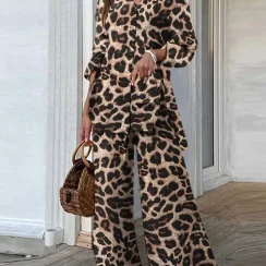 Fashion Women Leopard Print Pant Sets ZANZEA Casual Loose Tops and Pant Outfits 2023 Autumn Wide Leg Pant Leisure Two Piece Sets