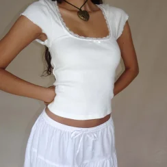 y2k Vintage Baby Tee Cottage Lace Trim Knitted T-Shirt Summer Square Neck Short Sleeve Tee Shirt Women White Milkmaid Crop Top