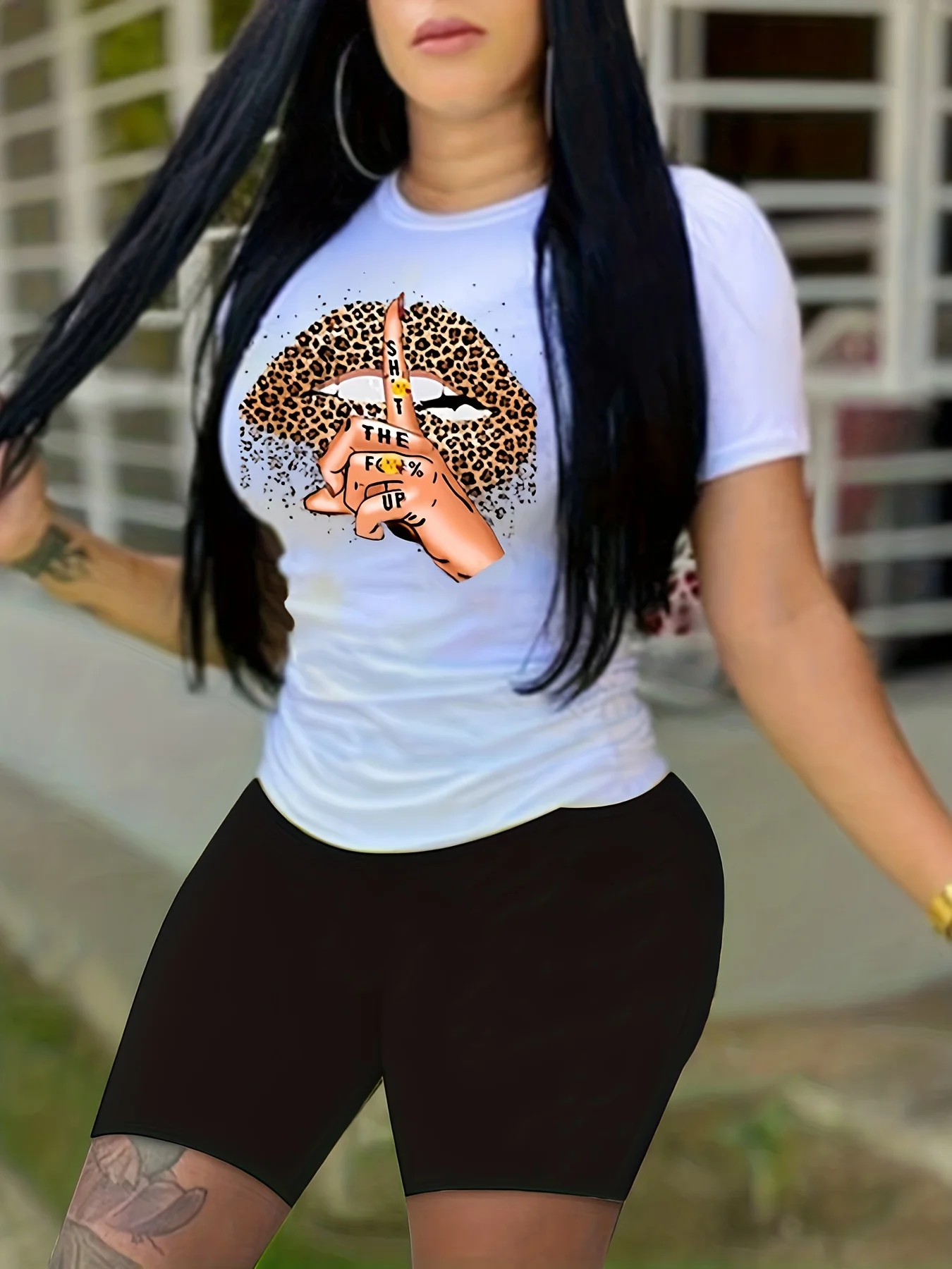 Women's summer casual loose fit large size Leopard Lips print round neck short sleeved T-shirt+shorts two-piece set