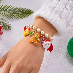 Christmas Resin Santa Claus Gingerbread Snowman Bracelets Deer Star Tree Strawberry Imitation Pearl Bangle For Women Men Jewelry