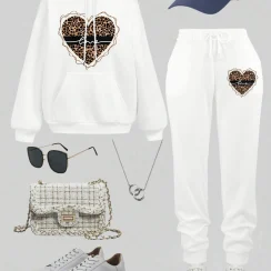 2 Piece Hoodies Set Women Leopard Love Printing Sweatpantscasual Loose Fleece Warm Hooded Sporty Pants Winter Pocket Clothes