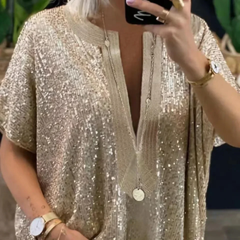 Women Short Sleeve Sequins T Shirt Summer Top Femme Tees Ladies Shirts Clothes Sexy V Neck Blouse Loose Casual Silver Gold Color - Image 4