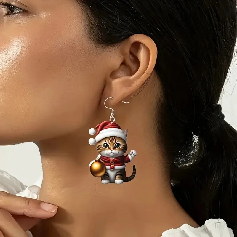 2D acrylic kitten earrings wearing a Christmas hat, especially suitable for Christmas and the perfect gift for cat lovers - Image 3