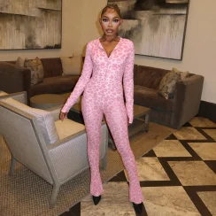 CUTENOVA Fall Women'S New Arrival Fashion Hooded Zipper Leopard Print Long-Sleeve Top & Athletic Slim-Fit Pants Casual Set