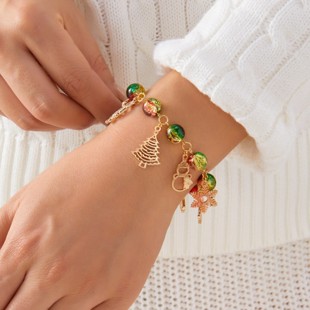 Christmas Snowflake Tree Santa Claus Snowman Reindeer Bell Resin Star Crystal Beads Bracelet For Women Men New Year Holiday Gift - Image 3