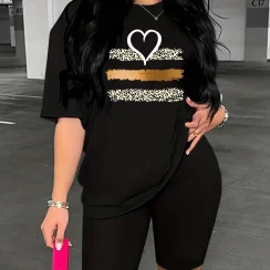 Women's summer casual fashion leopard print heart-shaped print loose round neck short sleeved T-shirt+tight shorts two-piece set
