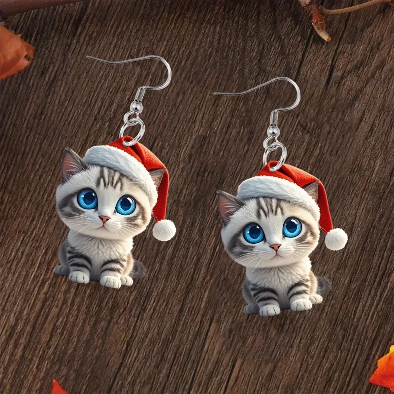 2D acrylic kitten earrings wearing a Christmas hat, especially suitable for Christmas and the perfect gift for cat lovers - Image 4