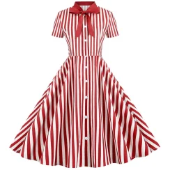 Women Elegant Vintage Summer Dress Short Sleeve Striped Print Bow Swing Party Dresses Casual Midi