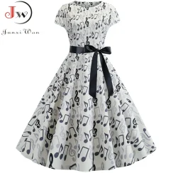 Women Summer Music Note Print Dress 50s 60s Robe Retro Swing Casual Vintage Party Dresses Vestidos