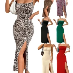 Summer slip dress women's slip bandeau tight height slit solid color leopard print hip skirt